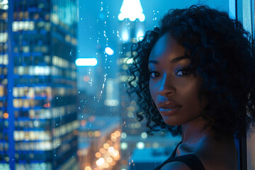 Portrait Business woman standing near office window a high-rise building in big city