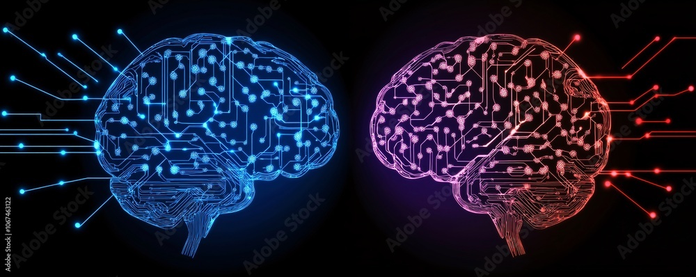 Aufkleber Two brains showing circuit board and data flowing
