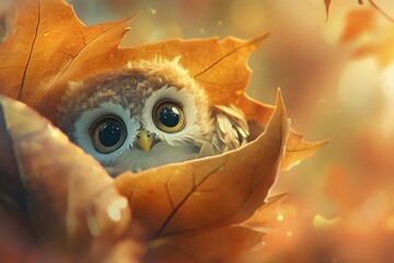 Fototapeta premium cute baby owl with big eyes laying in autumn leaves with warm colors, representing one adorable small bird