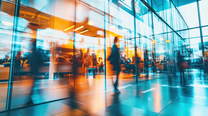 Blurred view of a modern corporate office bustling with activity and collaboration