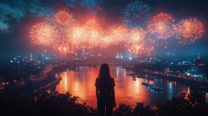 Fototapeta premium rear view woman looking at the bright fireworks flash in the night sky