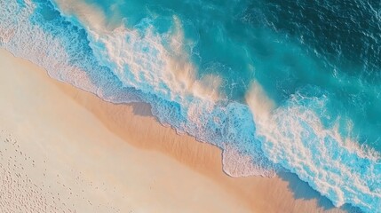 An aerial view of a pristine white sand beach meeting the turquoise ocean waves.