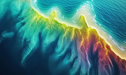 Dynamic heatmap of a river delta, showing temperature gradients in the water as it fans out into the ocean, with vibrant color transitions.