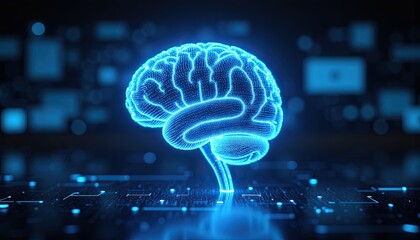 Futuristic digital brain: ai technology concept in glowing blue neon light