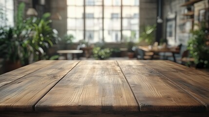 Wooden table with a view of a room with plants and a window. The table is empty and the room is bright and inviting