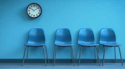 Obraz premium Blue wall with a clock and four blue chairs. The chairs are arranged in a row and the clock is on the wall