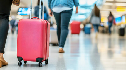 Passengers navigating through a busy modern airport with rolling suitcases in their journey
