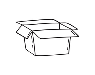hand drawn doodle open empty cardboard box. Outline cardboard box isolated on a white background. Vector illustration.
