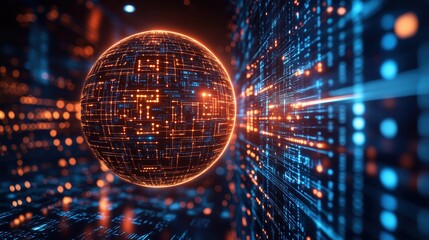 Glowing orb of light is surrounded by a network of blue and orange lines. Concept of technology and innovation, with the glowing orb representing a new idea or invention