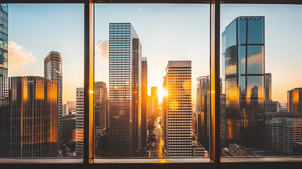 Stunning sunset over a modern city skyline viewed through glass windows in a high-rise building