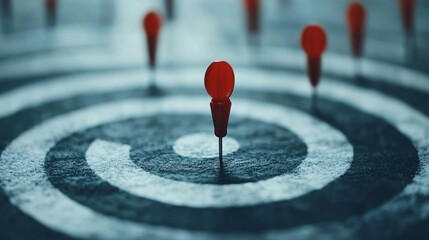 Red push pin reaching the center of target on dartboard, representing success and achievement