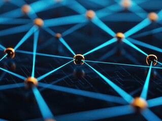 A close-up of a futuristic network of interconnected nodes and lines, depicted with glowing blue connections against a dark backdrop.