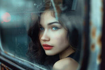 A woman with blue eyes and a hat is looking out of a car window. On her face is a slight smile and a mysterious look.