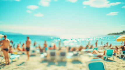 Obraz premium Crowded summer beach day with lounge chairs and beachgoers enjoying the sun and waves
