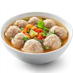 Popular Savory Indonesian Meatball Soup (Bakso) in a Classic White Bowl, Isolated on White
