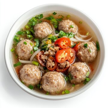 Popular Savory Indonesian Meatball Soup (Bakso) in a Classic White Bowl, Isolated on White