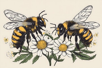  seamless pattern of colored hand drawn doodle sketch flowers and bee bumblebee insects isolated on white background
