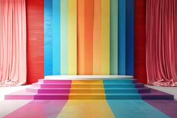 A colorful stage with a rainbow backdrop and platform, bright and cheerful background for presentation.. The stage is set up for a performance or show