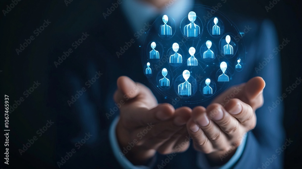 Poster businessman holding virtual network of profile icons, representing global communication and teamwork
