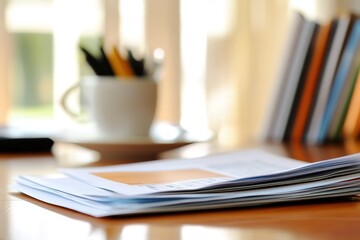 Naklejka premium Blurry office background with paperwork and cup