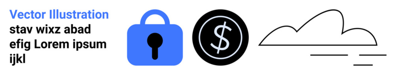 Blue lock symbol for security, dollar sign in black circle for finance, and a cloud with lines. Ideal for cybersecurity, financial services, cloud storage, data management, fintech, online services