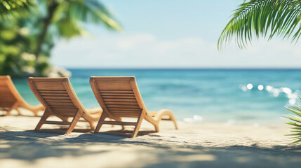 Relaxing beach atmosphere with lounge chairs under palm trees next to calm ocean waters