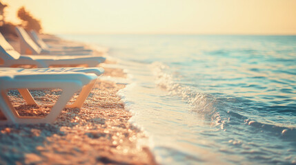 Relaxing beach getaway at sunset with lounge chairs by the calm water's edge