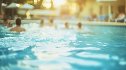 A vibrant hotel pool filled with sunbathers and swimmers enjoying a warm summer afternoon