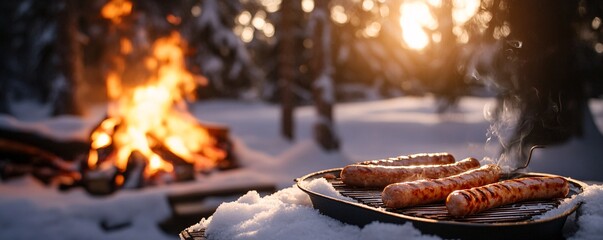 Grilling sausages on snowy winter day near bonfire at sunset