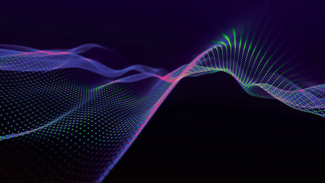 Futuristic point wave of particles. Visualization of sound waves. Dark background. Technology or science banner. Abstract digital 3D wave. Vector illustration.