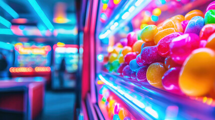 Fototapeta premium A vibrant candy bar illuminated by colorful neon lights in a cinema environment
