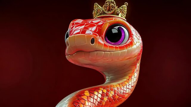 A cute, red-and-white snake with big, purple eyes wearing a gold crown on a red background.