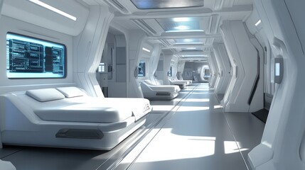 Futuristic white corridor with beds and screens in a spaceship.