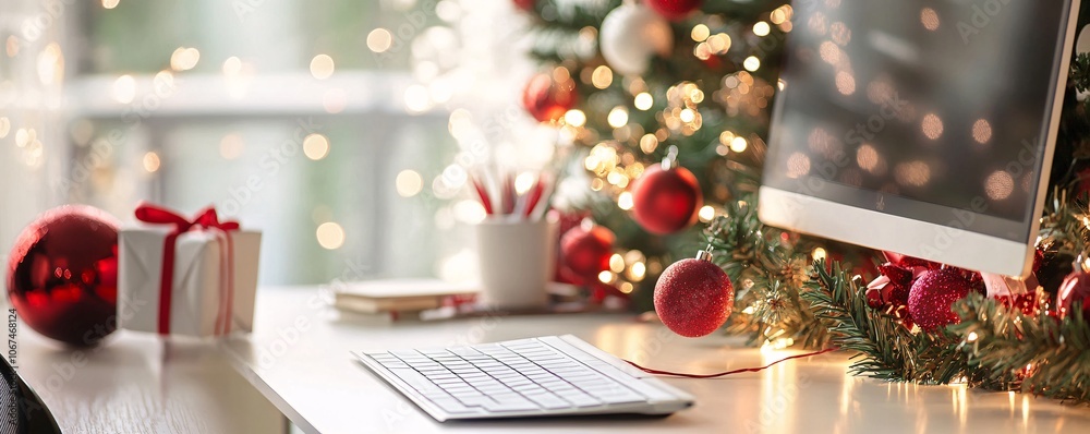 Poster christmas decorations illuminating home office desk with computer and keyboard