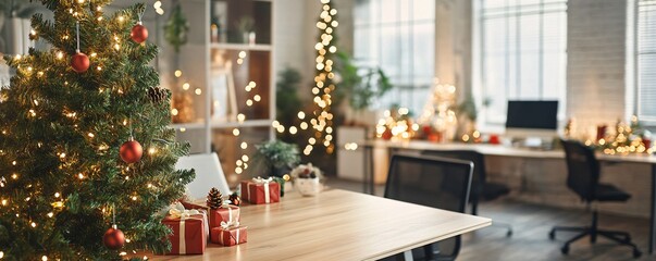 Christmas tree and gifts decorating modern office during holiday season