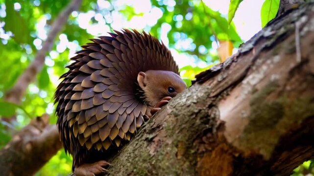 A pangolin skillfully climbs a tree branch in a vibrant forest. Its distinctive scales shine in the sunlight as it explores its natural habitat in search of food