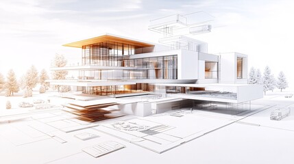 Fototapeta premium This illustration showcases a modern building concept in a sketch style, highlighting innovative materials and architectural design elements for construction projects.
