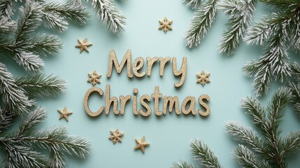 Golden calligraphy letters Merry Christmas on a pale green background with fir branches
