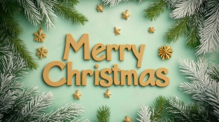 Golden calligraphy letters Merry Christmas on a pale green background with fir branches