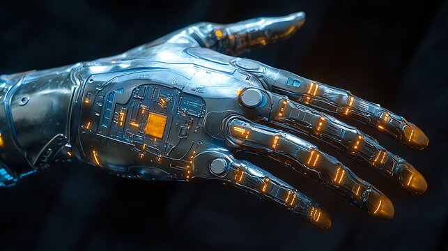 Portrait of a bionic superhuman showcasing a metallic arm with glowing circuits and advanced technology parts on a clean backdrop