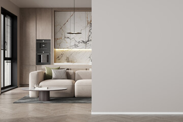 Empty wall and modern kitchen interior with dining area and sofa, 3D Rendering
