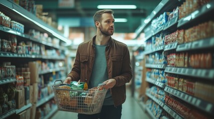 Male shopper holding a basket in a supermarket, confidently browsing items, ideal for capturing an everyday shopping experience