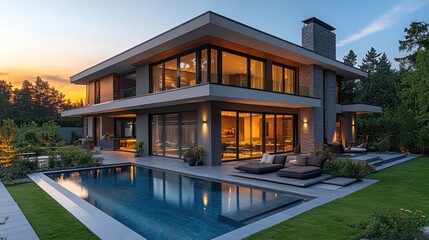 Fototapeta premium Modern home with pool and patio at dusk.