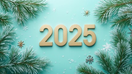 Golden volumetric numbers 2025 in the center on a pale green background with spruce branches