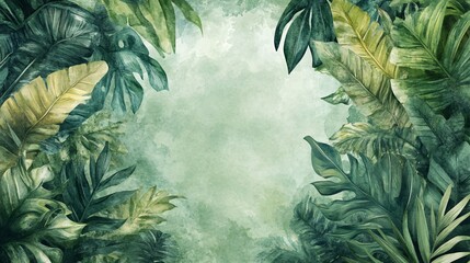 Watercolor Tropical Leaves Border Green Background