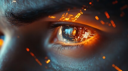 Close-up of a superhuman face with one eye replaced by a mechanical lens and glowing technological components