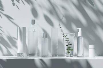 Elegant White Skincare Packaging Collection with Glass Bottles, Jars, and Tubes for Luxury Beauty and Facial Skincare Product Photography
