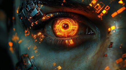 Close-up of a superhuman face with one eye replaced by a mechanical lens and glowing technological components