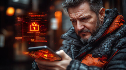 Obraz premium Man viewing virtual lock screen on smartphone, security concept in urban setting. AI-generated