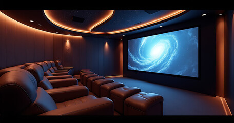 A luxurious home theater room with a modern design featuring a large screen and comfortable seating for an immersive 3D experience